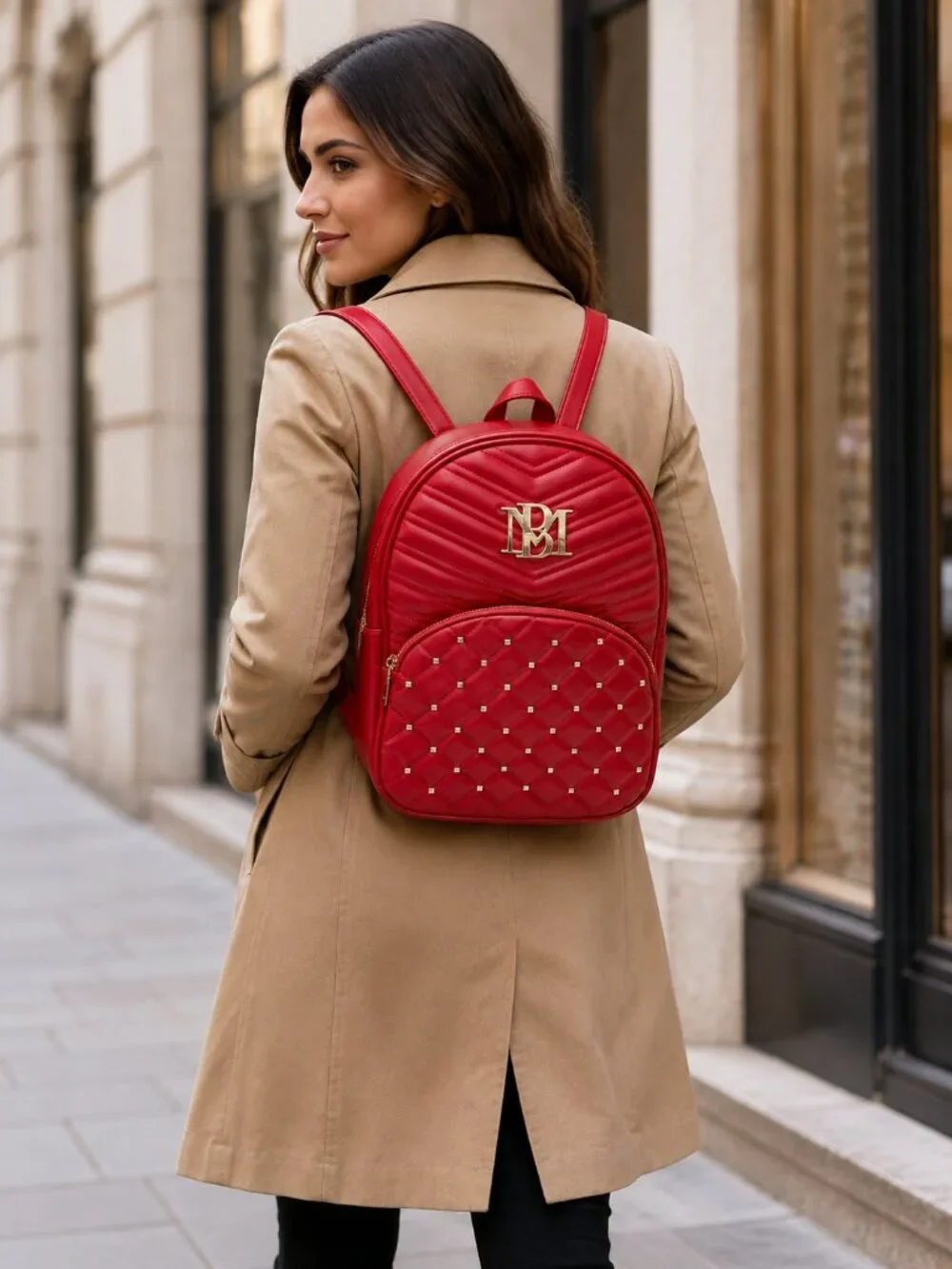 Badgley Mischka Bright Red Vegan Leather Gold Studded Backpack NWT